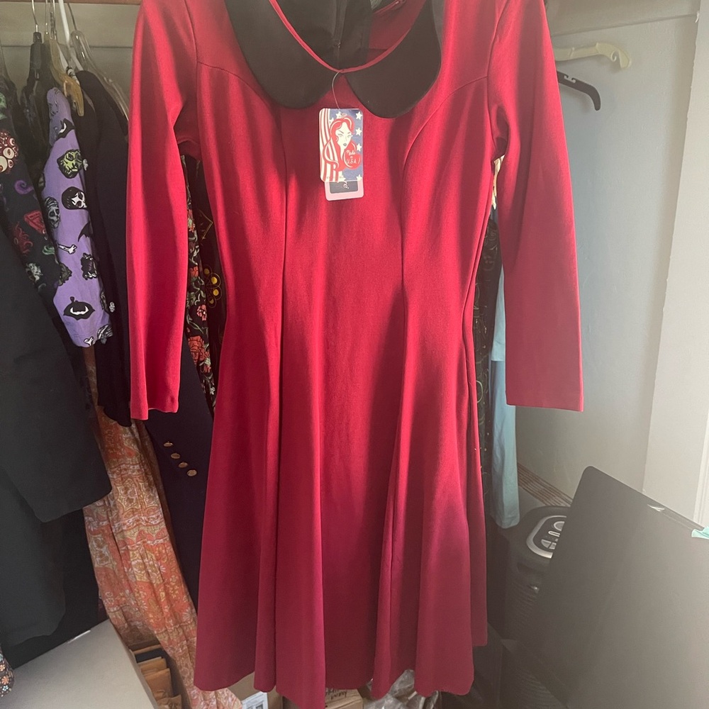 Pinup Couture Red Dress with Black Collar and Matching Mask
